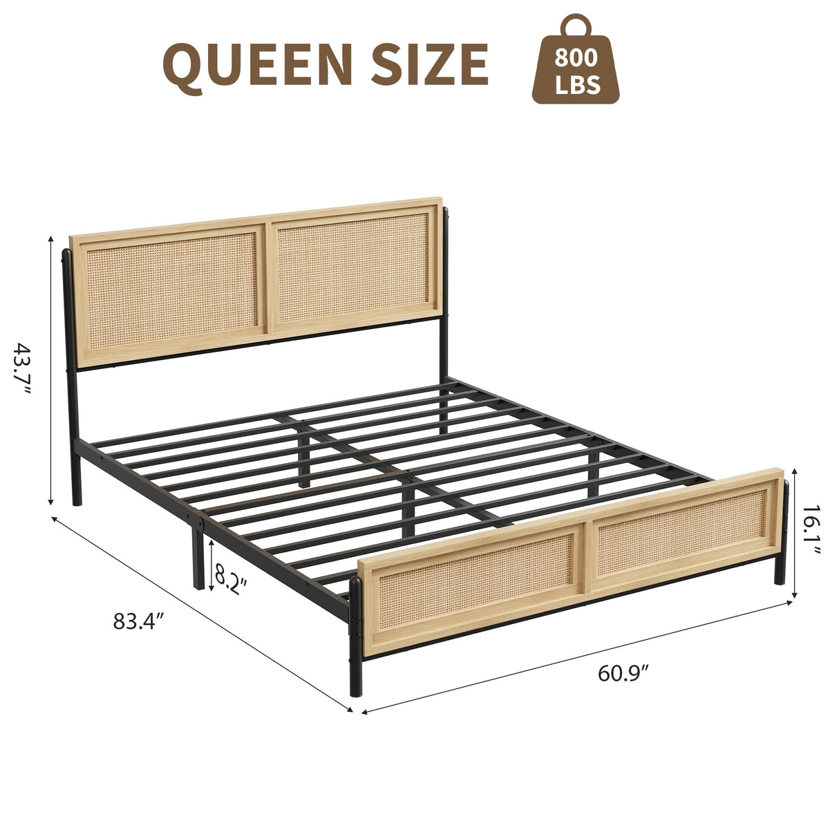 GarveeHome Boho Queen Size Bed Frame with Natural Rattan Headboard and Footboard, Wooden Queen Platform Bed No Box Spring Needed, 14 inch Noise-Free Easy Assemble Metal Bedframe GarveeHome