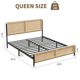 GarveeHome Boho Queen Size Bed Frame with Natural Rattan Headboard and Footboard, Wooden Queen Platform Bed No Box Spring Needed, 14 inch Noise-Free Easy Assemble Metal Bedframe GarveeHome