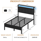 Furnulem Queen Size Bed Frame with Charging Station and LED Lights, Platform Bed with Metal Slats, Grey Upholstered Headboard with 2-Tier Storage Shelves, No Box Spring Needed Furnulem
