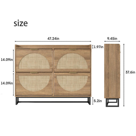 Maupvit Large Rattan Shoe Storage Cabinet with 4 Flip Drawers, Freestanding Shoe Organizer with Metal Legs for Entryway, Hidden Golden Handles, Narrow Shoe Rack Cabinet, Rustic Oak Rattan Maupvit