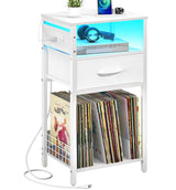 Yoobure Side Table - Night Stand with Charger Station & LED Light, 3 Tier Small End Table Living Room, Bedside Table with Drawer, Record Player Stand with Vinyl Storage, White Nightstand for Bedroom Yoobure