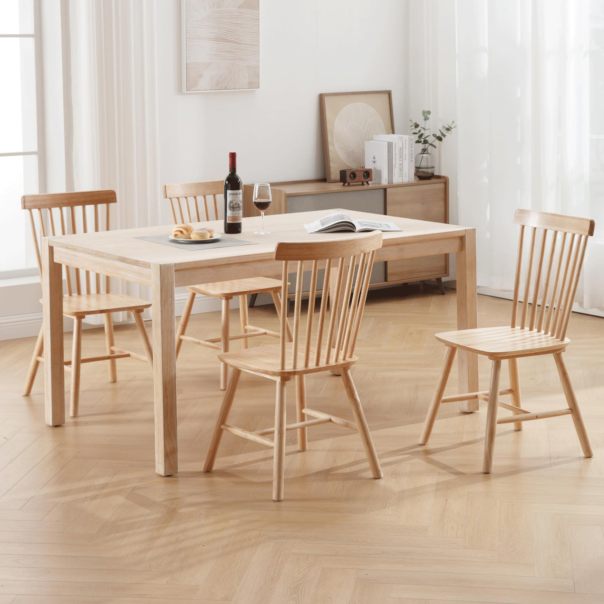 DM Furniture Dining Room Chairs Set of 6, Windsor Dining Chair with Spindle Back, Farmhouse Armless Side Chair, Solid Wood French Country Kitchen Chairs for Home/Patio/Restaurant, Natual DM Furniture