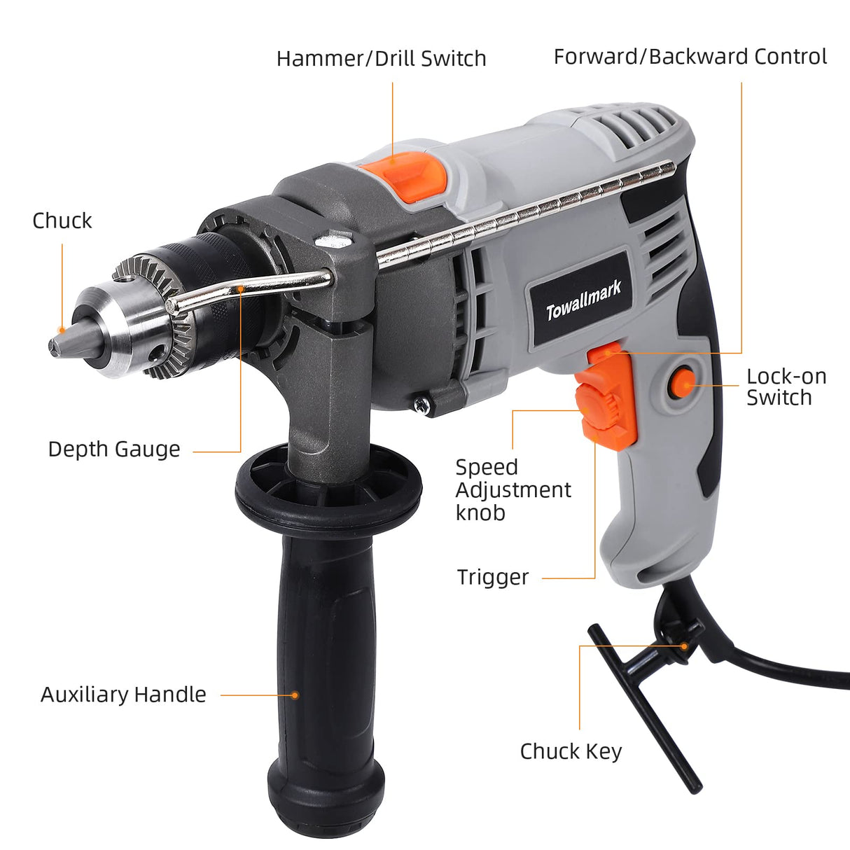 Towallmark 7.5-Amp Hammer Drill with Aluminum Alloy Housing, 1/2-Inch Corded Electric Hammer Drill with 3000RPM, Variable Speed, 15 Drill Bits with Toolbox for Home Improvement, DIY Towallmark