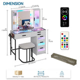 HENBC Vanity with Mirror and LED Lights, Glass Top Vanity Desk with Charging Station(Wireless+USB+Type-C), RGB Makeup Table Set with Stool/Makeup Organizer/6 Drawers (White) HNEBC