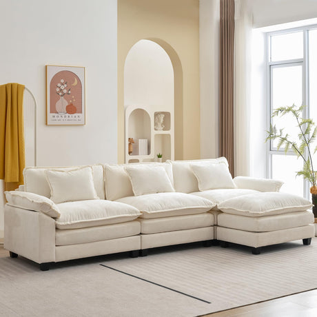 Oprisen Modular Sectional Sofa, Comfy Cloud Couch Sectional Sofa with Ottoman, Chenille Sofa Sleeper Deep Seat Sofa with Throw Pillows for Living Room (Beige White, 120"- L Shape) Oprisen