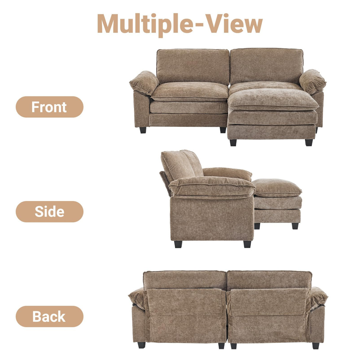 VINGLI Convertible Sectional Loveseat Sofa for Apartment with Deep Seat &Movable 2-Layer Ottoman, Oversized L-shape Cloud Sofa with Chaise &Armrests, 2-Seat Sofa for Small Spaces, Chenille,Light-Brown VINGLI