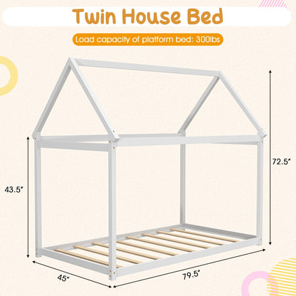 Giantex White Twin House Bed Frame with Canopy – Montessori-Inspired Low Floor Bed for Kids - WoodArtSupply