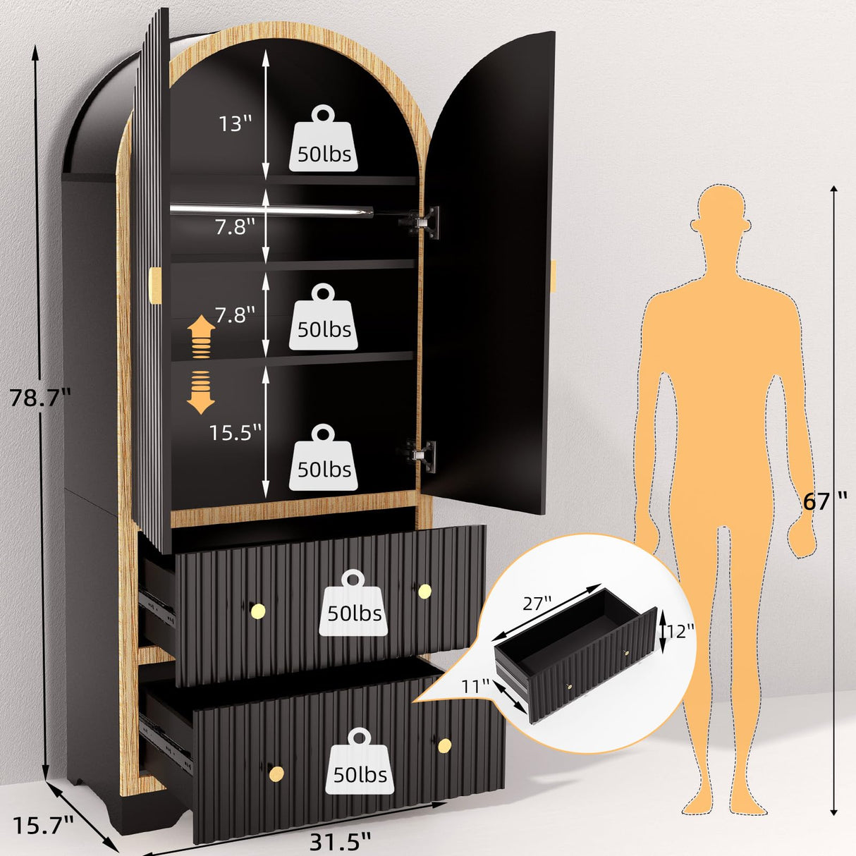 HOLCEPZN 78" Tall Black Arched Cabinet with Fluted Doors, 4 Adjustable Shelves & 2 Drawers, Modern Storage Organizer for Pantry, Bookshelf, Bathroom or Wardrobe Use HOLCEPZN