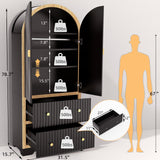 HOLCEPZN 78" Tall Black Arched Cabinet with Fluted Doors, 4 Adjustable Shelves & 2 Drawers, Modern Storage Organizer for Pantry, Bookshelf, Bathroom or Wardrobe Use HOLCEPZN