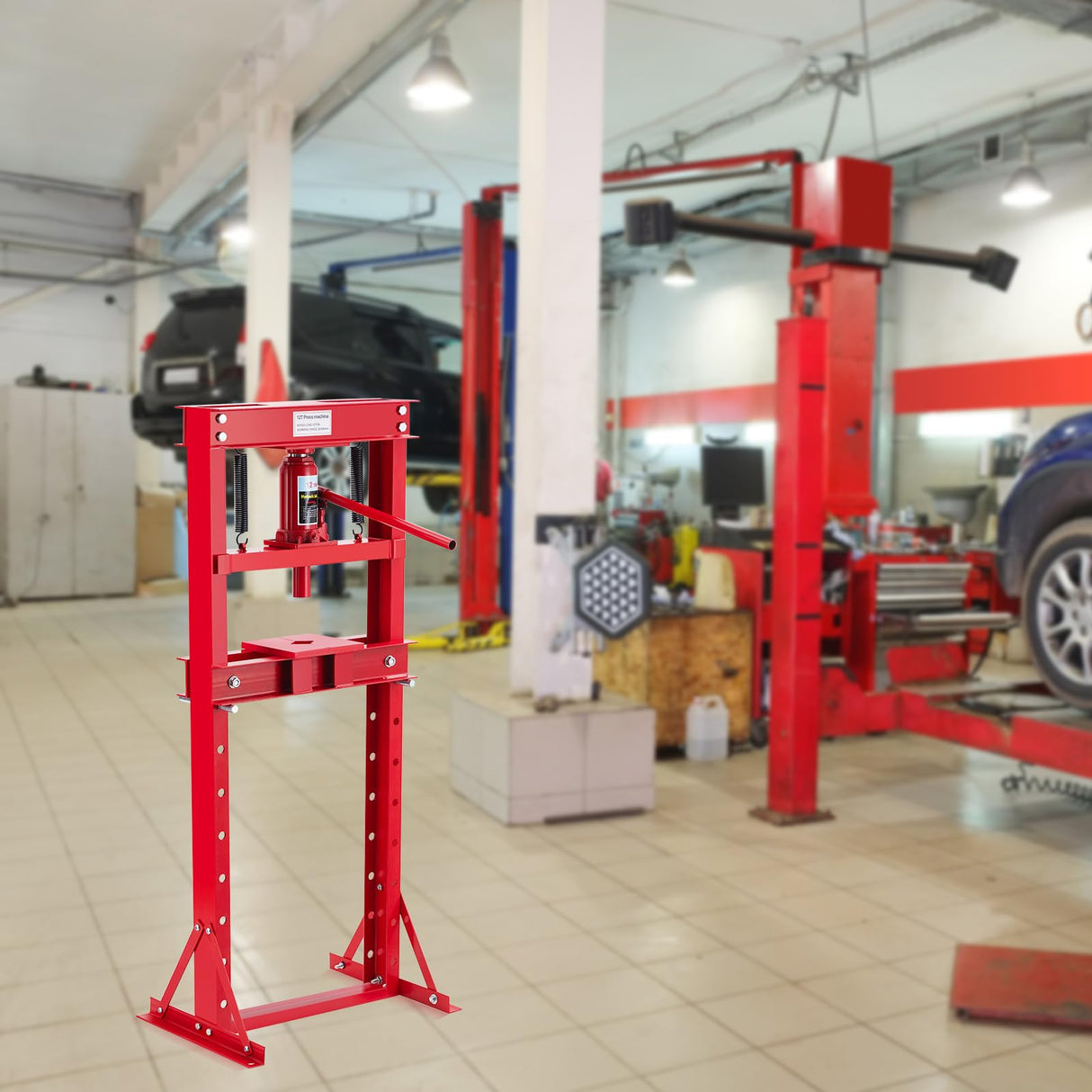 GarveeTech 12 Ton Hydraulic Press, H-Frame Garage Floor Hydraulic Shop Press, Garage Floor Press with 2 Press Plates, Adjustable Working Table Height, for Gears, Bearings, Red GarveeTech