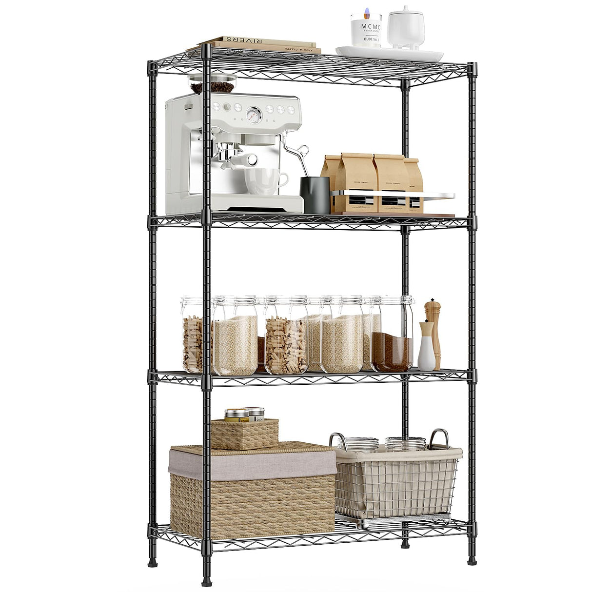 IZEUK 4-Tier Heavy Duty Steel Storage Shelves, Metal Shelf Wire Shelving Rack for Pantry, Kitchen, Garage, or Office Organization (29.5" W x 13.7" D x 47.2" H, 1000LBS, Black) IZEUK