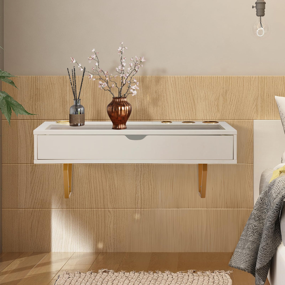 ALIMORDEN Floating Shelf with Drawer,Floating Drawer for Bathroom, White Wall Mounted Desk,Pull Out Drawer, 31 inch Surface, Floating Wall Desk, Hanging Desk, White ALIMORDEN