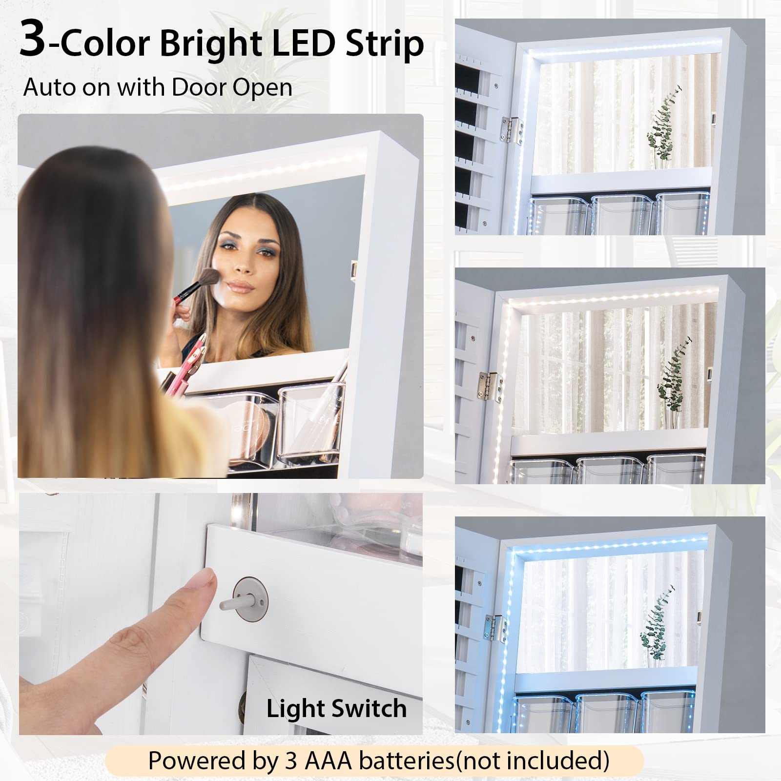 CHARMAID LED Strip Jewelry Armoire with 47.2" H Full Length Mirror, Lockable Jewelry Cabinet Organizer with 3-Color Lights, 3 Brush Boxes, 2 Drawers, Bottom Storage Shelf, Metal Frame (White) - WoodArtSupply