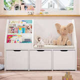 40" Kids Reading Nook with Bench, Toy Storage Organizer and Bookshelf with Seat Cushion, Kids Bookshelf with 3 Movable Drawers, Toy Storage Box on Wheels, Ideal for Nursery, Playroom, Bedroom, White Teckid