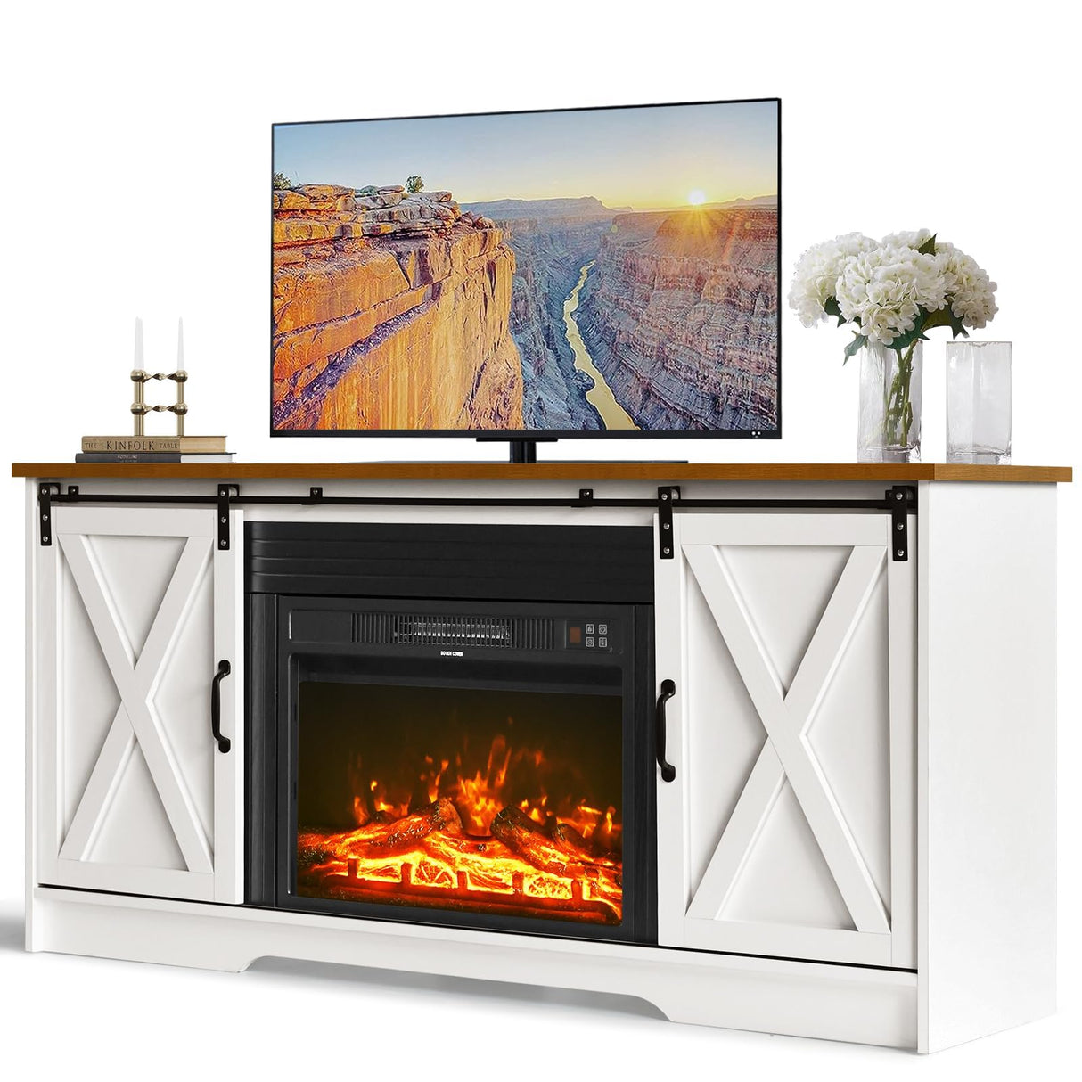 4 EVER WINNER Fireplace TV Stand with 23" Electric Fireplace, Sliding Barn Door, Farmhouse Fireplace Entertainment Center with Adjustable Storage Cabinets, TV Console Table for Living Room, White 4 EVER WINNER