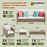 9 Pieces Patio Furniture Sets All Weather Reinforced Wicker Rattan Sectional Sofa with Metal Top Coffee Table Outdoor Furniture Conversation Set for Porch, Poolside, Garden, Backyard, Beige Summax