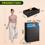 WLIVE Black LED Dresser for Bedroom, Tall Wood Dresser with 4 Drawers and Open Shelf, Chest of Drawers with Charging Station and LED Lights for Living Room, Hallway, Closet WLIVE