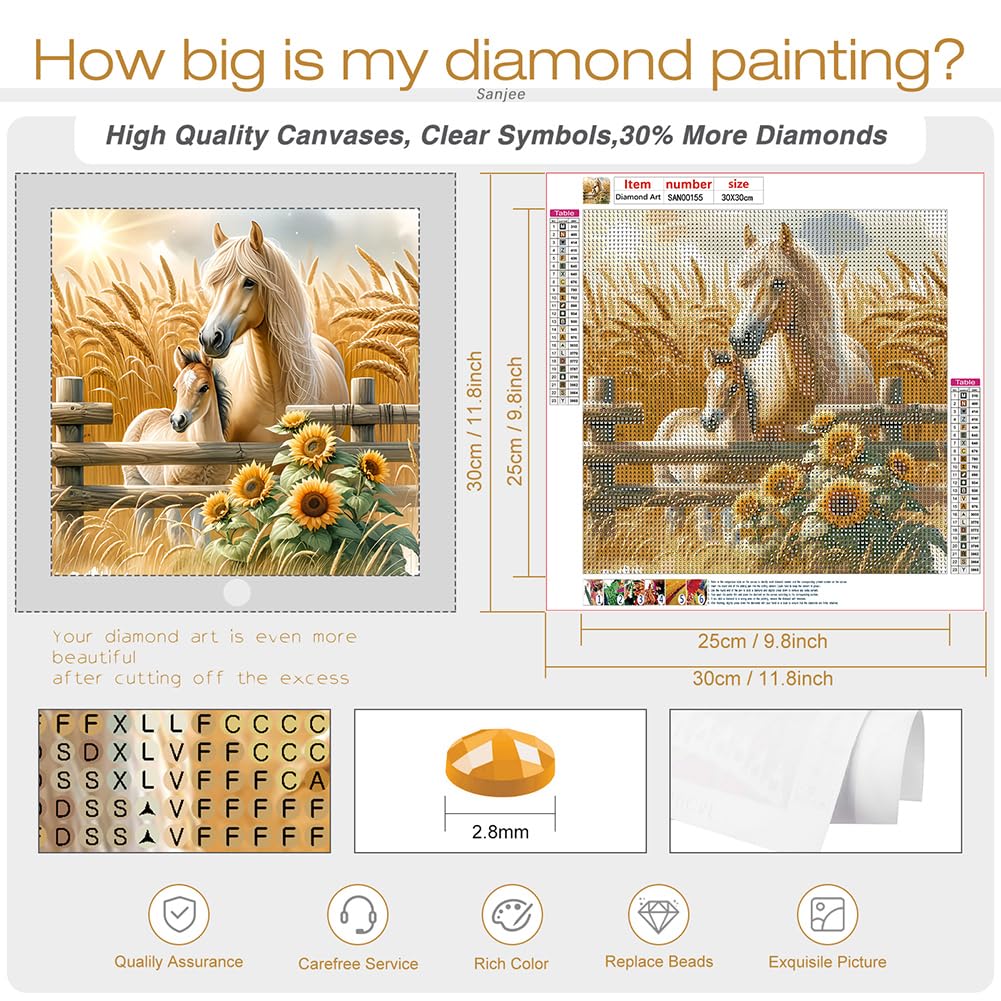 Sanjee Diamond Art Kits for Adults, Horses Diamond Painting Kits for Beginner, 5D DIY Round Full Drill Gem Art Crafts for Home Wall Decor Gift, 12x12inch Sanjee