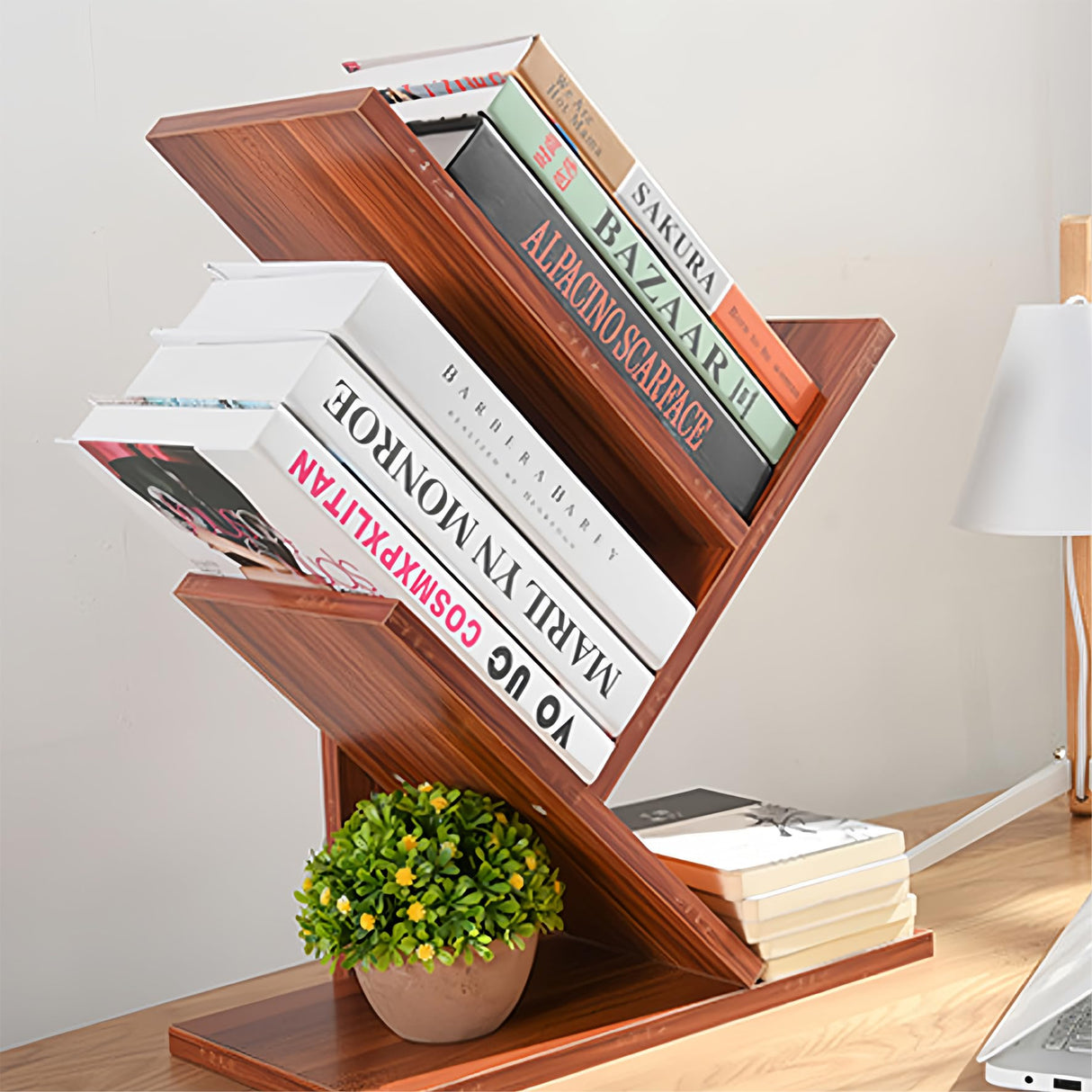 Godferyxin Book Tree Bookshelf, 3-Tier Wood Small Tree Bookcase for Displaying Books, CDs, Magazines and More at Office, Home or School Godferyxin