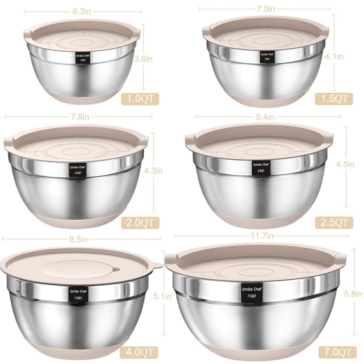 Mixing Bowls with Airtight Lids Set, 26PCS Stainless Steel Khaki Bowls with Grater Attachments, Non-Slip Bottoms & Kitchen Gadgets Set, Size 7, 4, 2.5, 2.0,1.5, 1QT, Great for Mixing & Serving