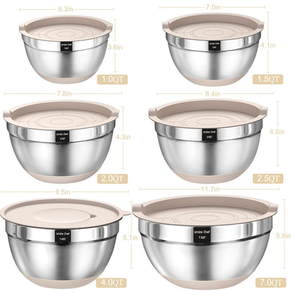 Mixing Bowls with Airtight Lids Set, 26PCS Stainless Steel Khaki Bowls with Grater Attachments, Non-Slip Bottoms & Kitchen Gadgets Set, Size 7, 4, 2.5, 2.0,1.5, 1QT, Great for Mixing & Serving