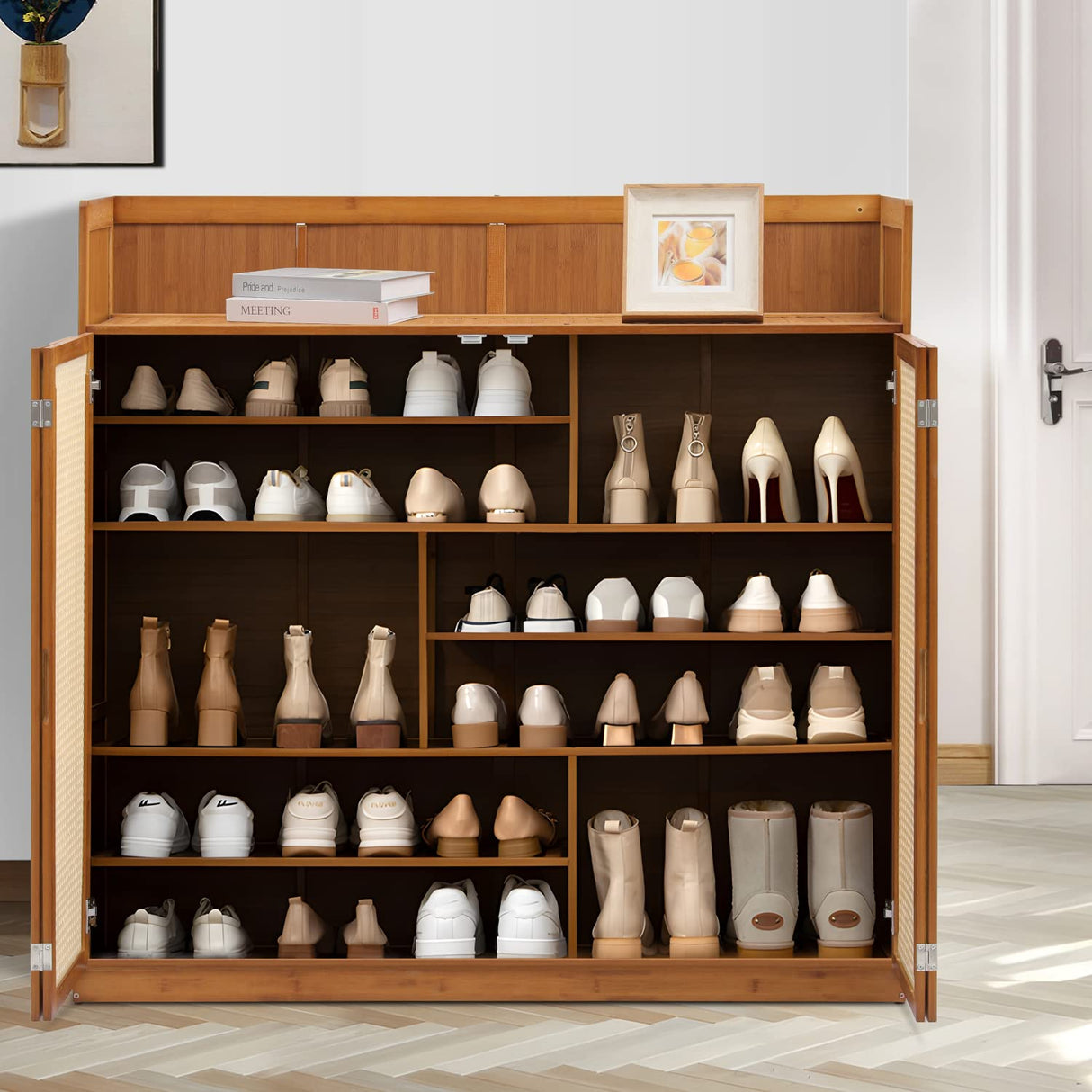 MoNiBloom Bamboo 6 Tier Freestanding Boho Shoe Storage Cabinet Organizer Shelf Stand Unit Up to 25 Pairs for Boots Heels Sneakers Sandals, w/Doors, Brown MoNiBloom