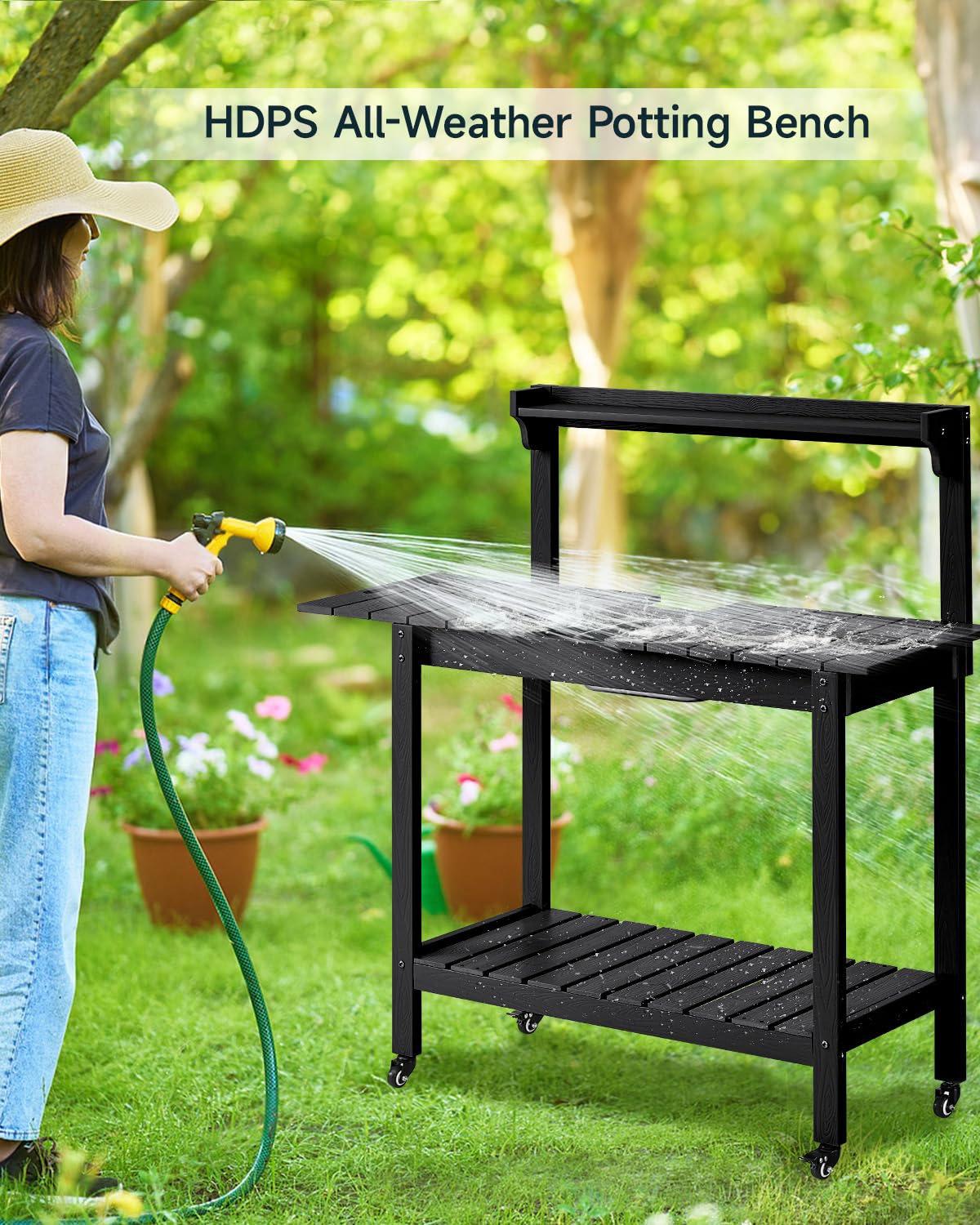 ONBRILL HDPS Outdoor Potting Bench with Sliding Tabletop/ 4 Wheels/Removable Sink, All-Weather Outside Garden Work Table, No Rust/Fade/Break, Potting Station for Porch, Patio & Backyard (Black) ONBRILL