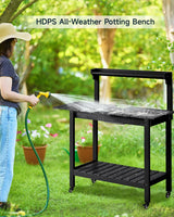 ONBRILL HDPS Outdoor Potting Bench with Sliding Tabletop/ 4 Wheels/Removable Sink, All-Weather Outside Garden Work Table, No Rust/Fade/Break, Potting Station for Porch, Patio & Backyard (Black) ONBRILL