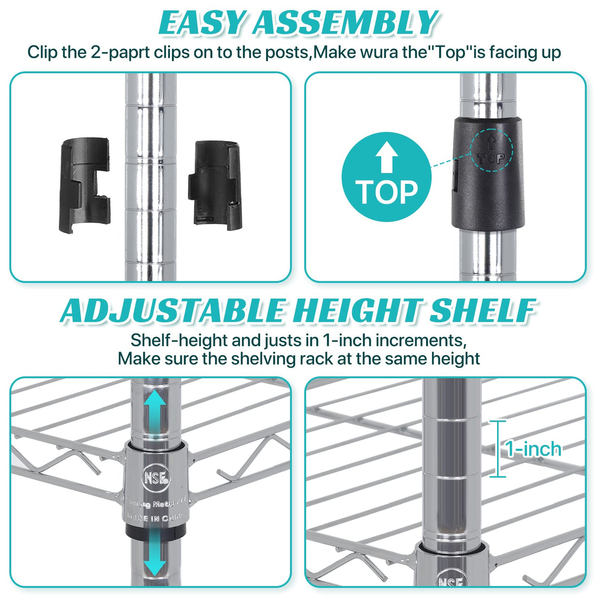 YRLLENSDAN Heavy Duty Metal Shelving Unit 4 Tier Wire Storage Rack Adjustable Shelves Organizer for Garage Kitchen Pantry Laundry Closet NSF Certified Utility Shelf 1000 LBS Capacity, 14"x36"x54" YRLLENSDAN