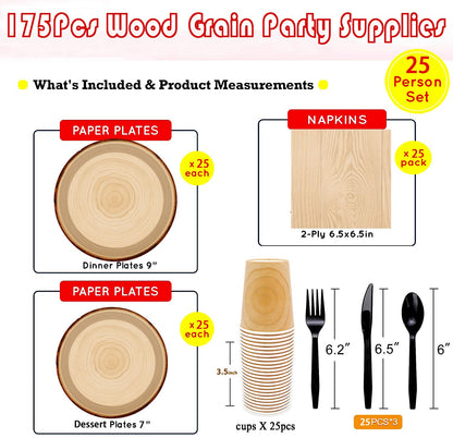 175Pcs Wood Grain Party Supplies Rustic Wood Slice Party Set 9"& 7"Wood Plates Napkins Cup Knives Forks Spoons for Camp Fire Camping Woodland Animal Lumberjack Baby Shower Birthday Party Decor Serve25