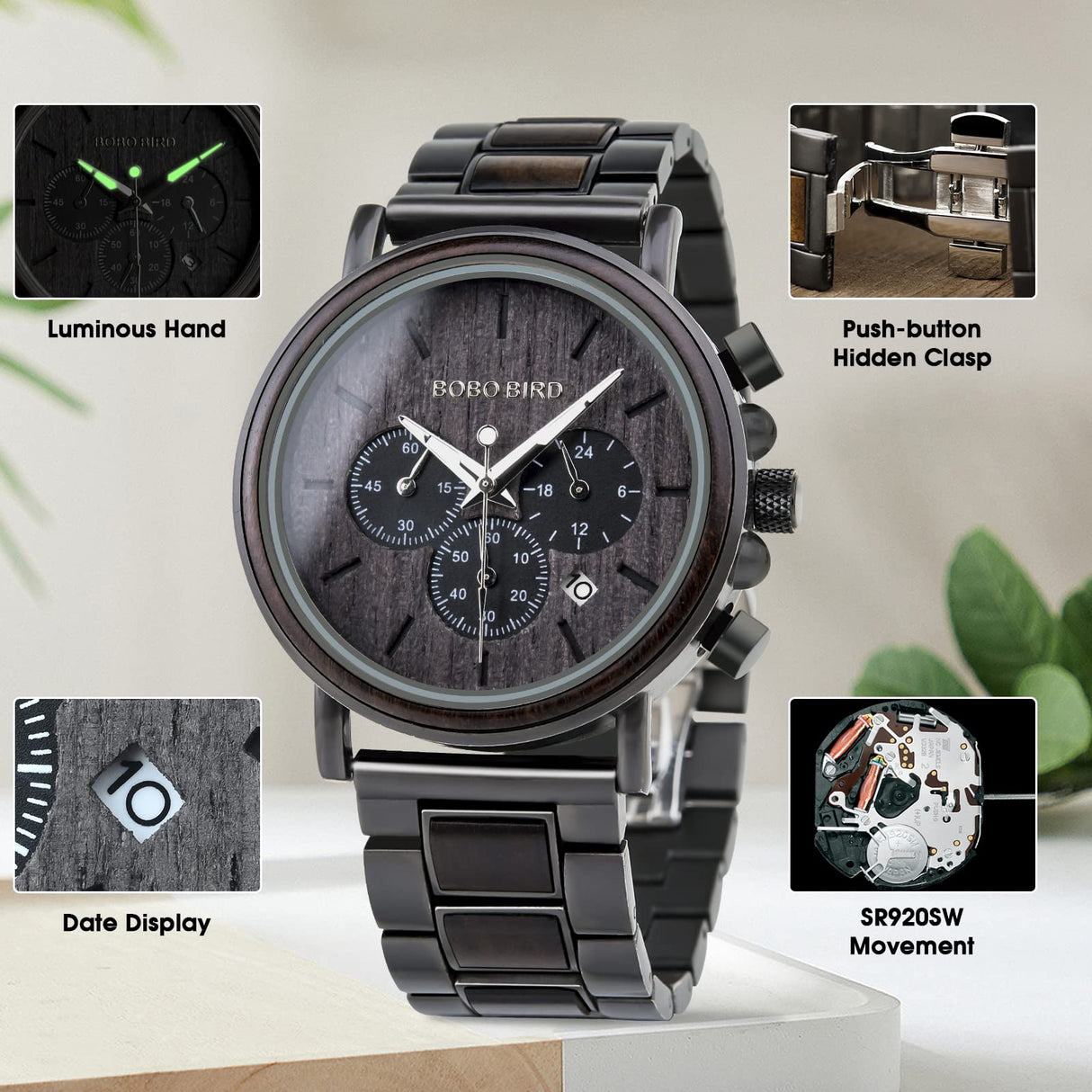 2win Mens Wooden Watches Luxury Stainless Steel Wood Watch for Men Chronograph Quartz Watches 2win