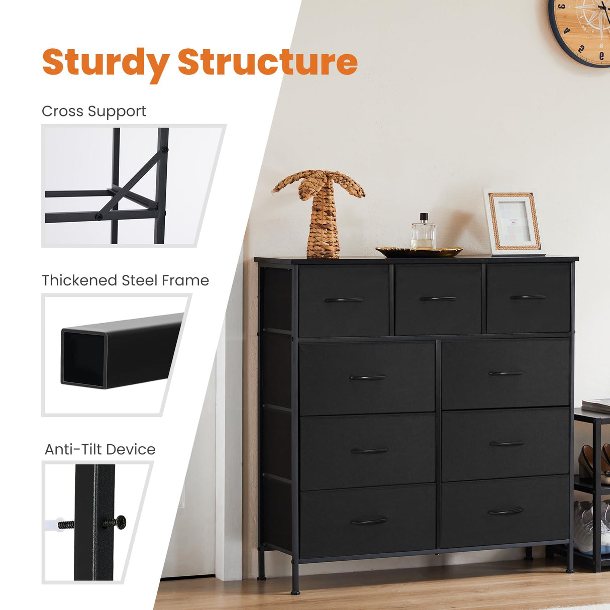 Sweetcrispy Dresser for Bedroom, Tall Chest Organizer Units, 9 Fabric Drawers for Clothing, Closet, Storage Tower with Cabinet, Metal Frame, Wooden Top, Lightweight Nursery Furniture, Black Sweetcrispy