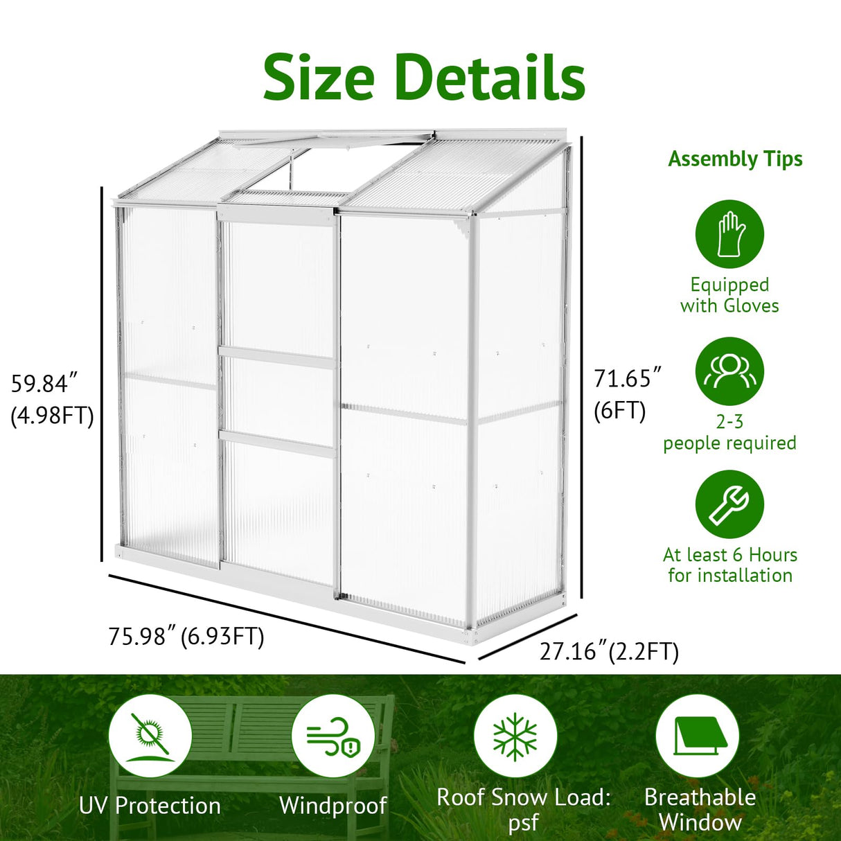 Showellgard 6x2ft Lean-to Polycarbonate Greenhouse, Small Walk-in Greenhouse, with Adjustable Roof Vent, Rain Gutter and Sliding Door, Outdoor Greenhouse for Terrace, Backyard GreenHouse 6'x2' Showellgard