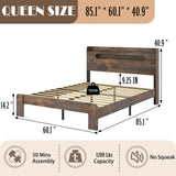 FSTAR Wooden Queen Size Bed Frame with Storage Headboard, Farmhouse Bedframe with Charging Station & Led Lights, Wood Slats Support, No Box Spring Needed, Rustic Brown FSTAR