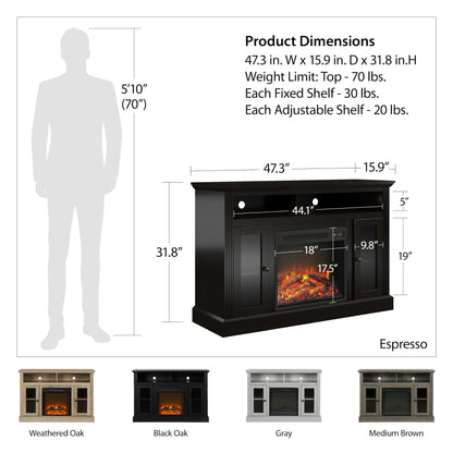 Ameriwood Home Chicago Fireplace TV Stand for TVs up to 50 Inch, Replaceable Electric Fireplace Insert Heater, Realistic Log and Flame Effect, For Living Room or Bedroom, Black Oak