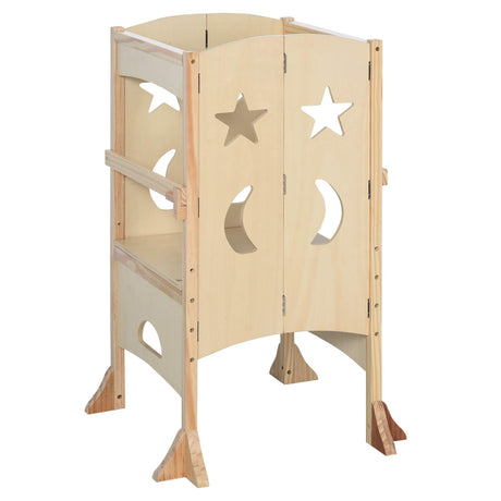 Qaba Wooden Kitchen Step Stool for Kids, Foldable Toddler Tower, Helper Stool for Kitchen Counter with Support Handles Safety Rail, Natural Wood Qaba