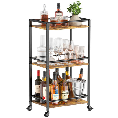 Lifewit Bar Cart for The Home, 3 Tier Small Rolling Wine Cart, Drink Serving Cart with Lockable Wheels, Mini Liquor Utility Cart for Kitchen Dining Living Room, 17" x 11.8" x 32.1", Rustic Brown