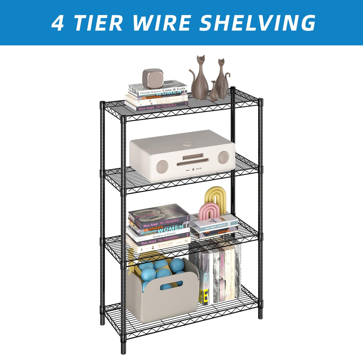 Guan River 4-Shelf Adjustable Metal Shelf Wire Shelving Unit Storage Rack Display Shelf for Office,Kitchen,Bedroom,Bathroom,Laundry,Pantry Basement,Garage(Black,36" L x 14" W x 54" H) Guan River