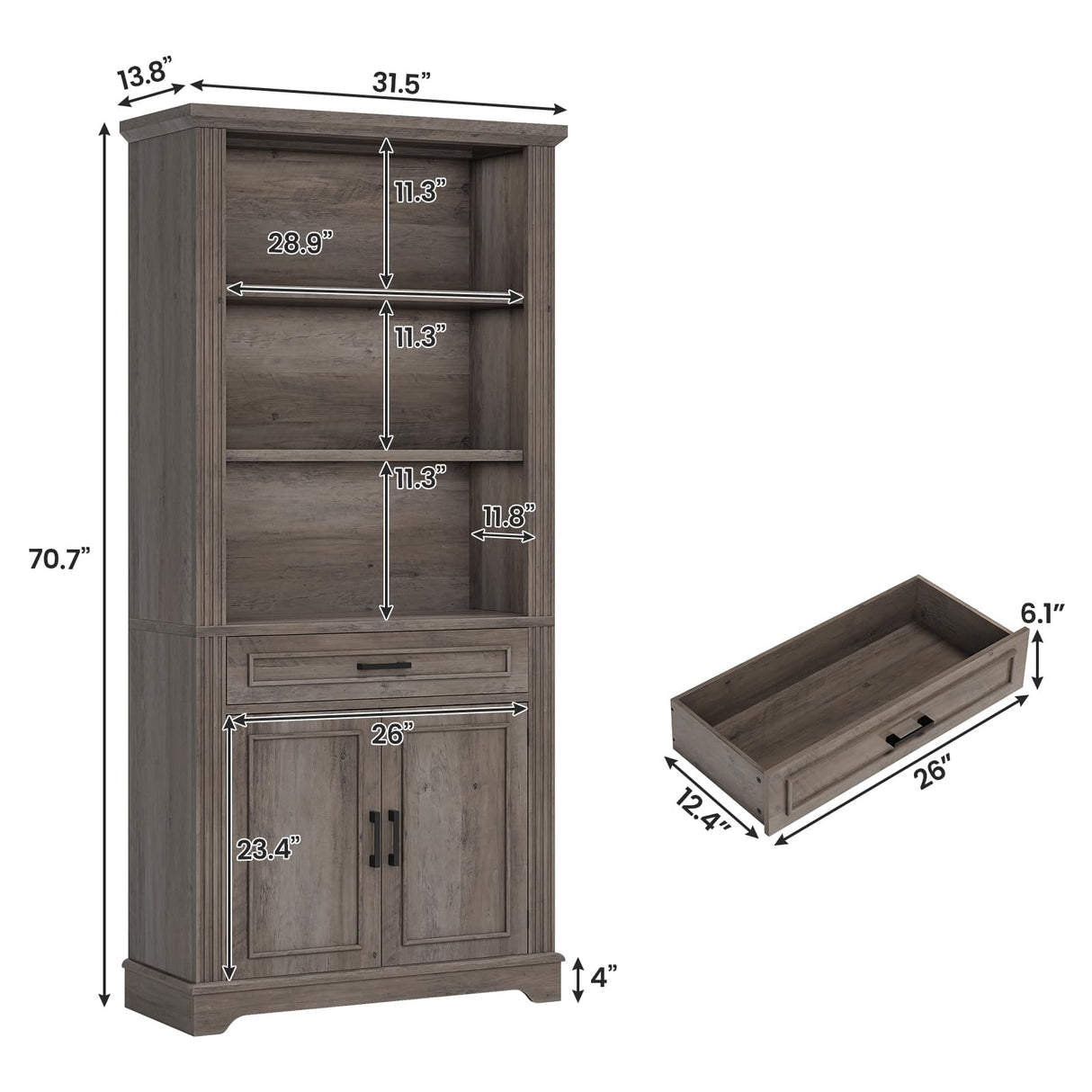 SEDETA Farmhouse Bookshelves and Bookcases with Doors and Drawer, Bookshelf with Storage, Floor Standing 6 Shelf Display Storage Shelves 70 in Tall Bookshelf for Home Office, Living Room, Grey SEDETA