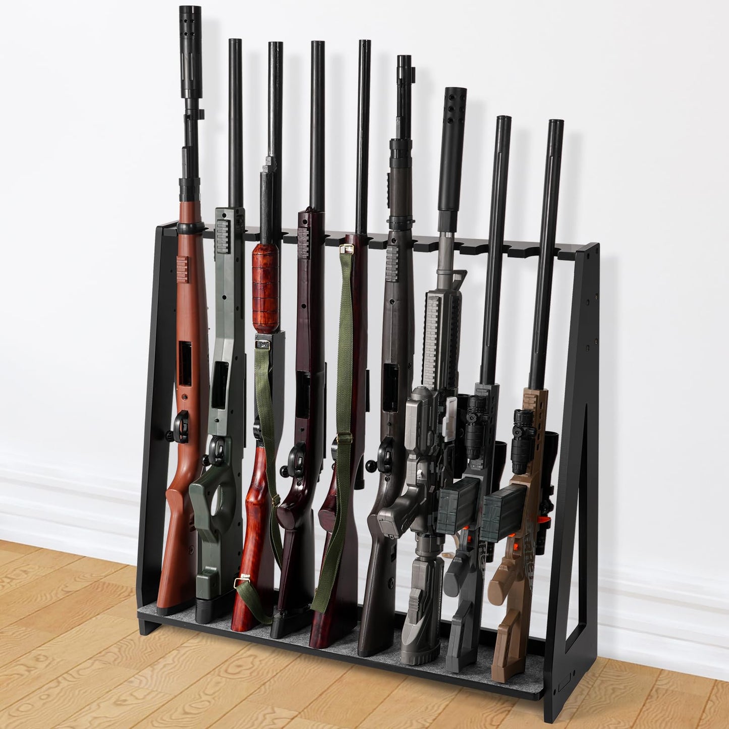 ikkle Gun Rack, Freestanding Rifle Racks, Heavy Duty Wooden Shotgun Rack Indoor, Adjustable Rifle Storage Holder with Soft Padding, Vertical Gun Display Stand - Holds up to 9 Long Guns - WoodArtSupply