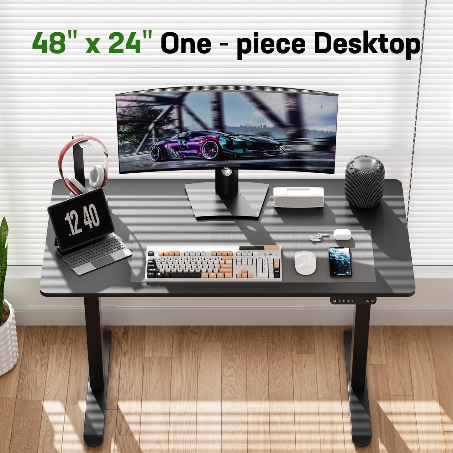 ADOFFUR Electric Standing Desk, 48 x 24 Inch Adjustable Height Desk with Whole-Piece Desktop, Black Sit Stand Up Desk, Home Office Desk with 4 Memory Presets (Black Top)