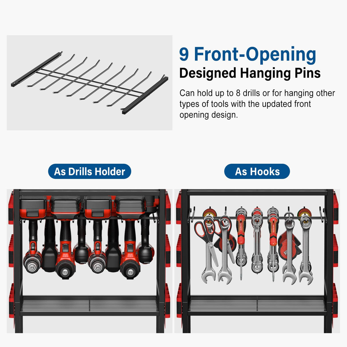 JUNNUJ Garage Large Power Tool Organizer Cart with 8 Outlet 3 USB Charging Station, Floor Rolling Drill and Tools Battery Storage Cart on Wheels, Heavy Duty Utility Rack Shelf with Power Strip JUNNUJ
