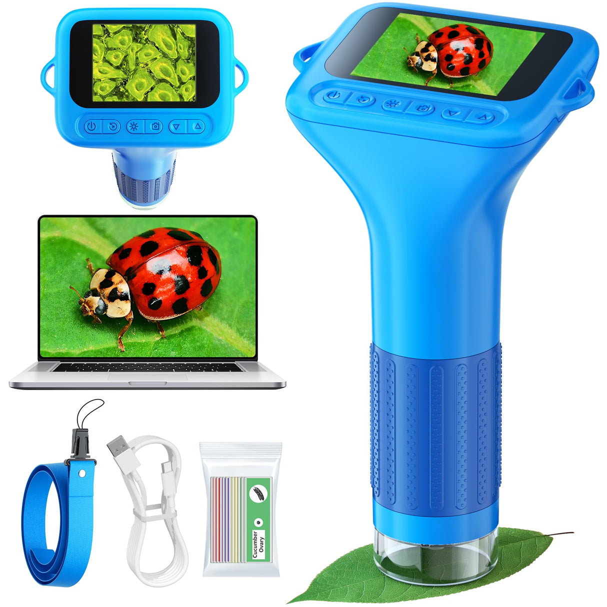 Odatay Microscope for Kids with 12 Slides, 100X-1000X 1080P Digital Handheld Kids Microscope, Mini Portable Pocket Miniscope Science Toys Gifts for 3+ 4 5 6 7 8 9 10 11 12 Year Old Boys Girls, Blue Odatay