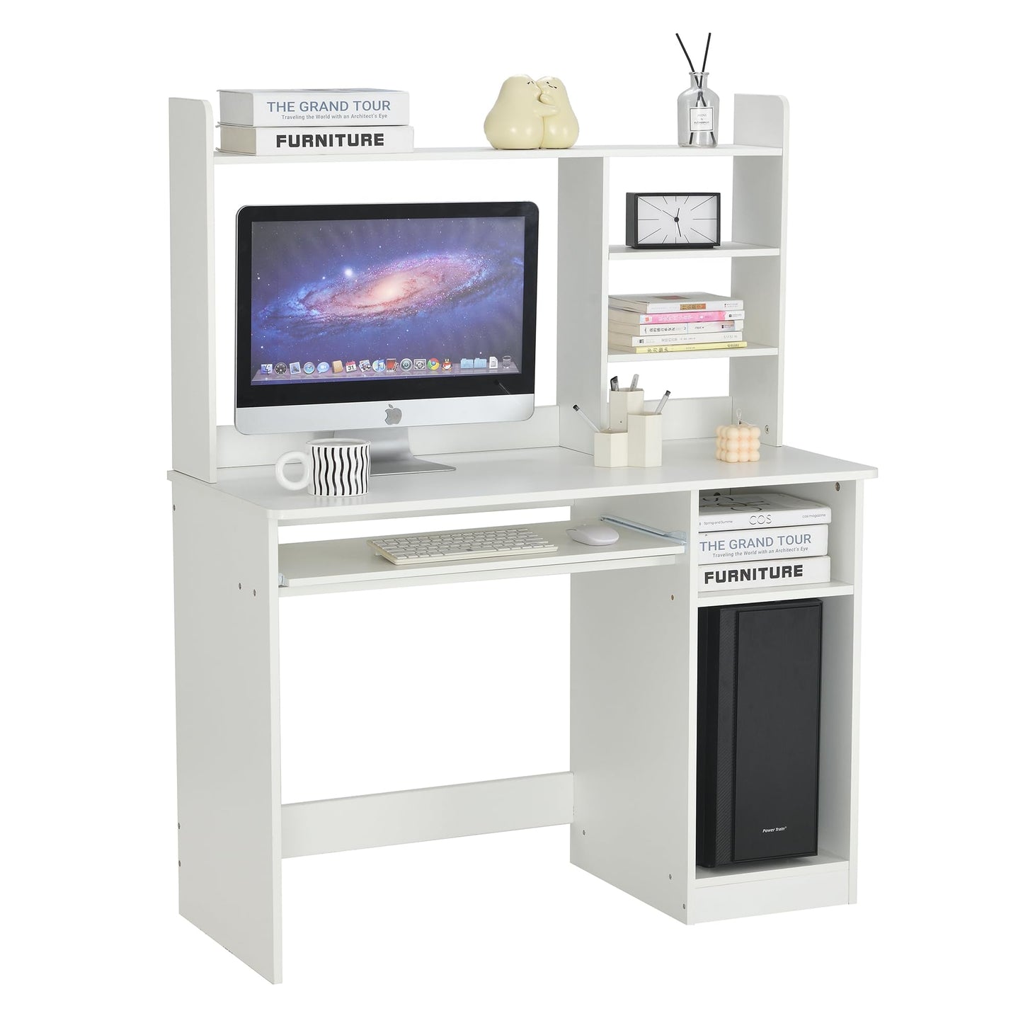 ROCKPOINT Axess White Desk with Hutch and Keyboard Tray for Home Office and Student Study - WoodArtSupply