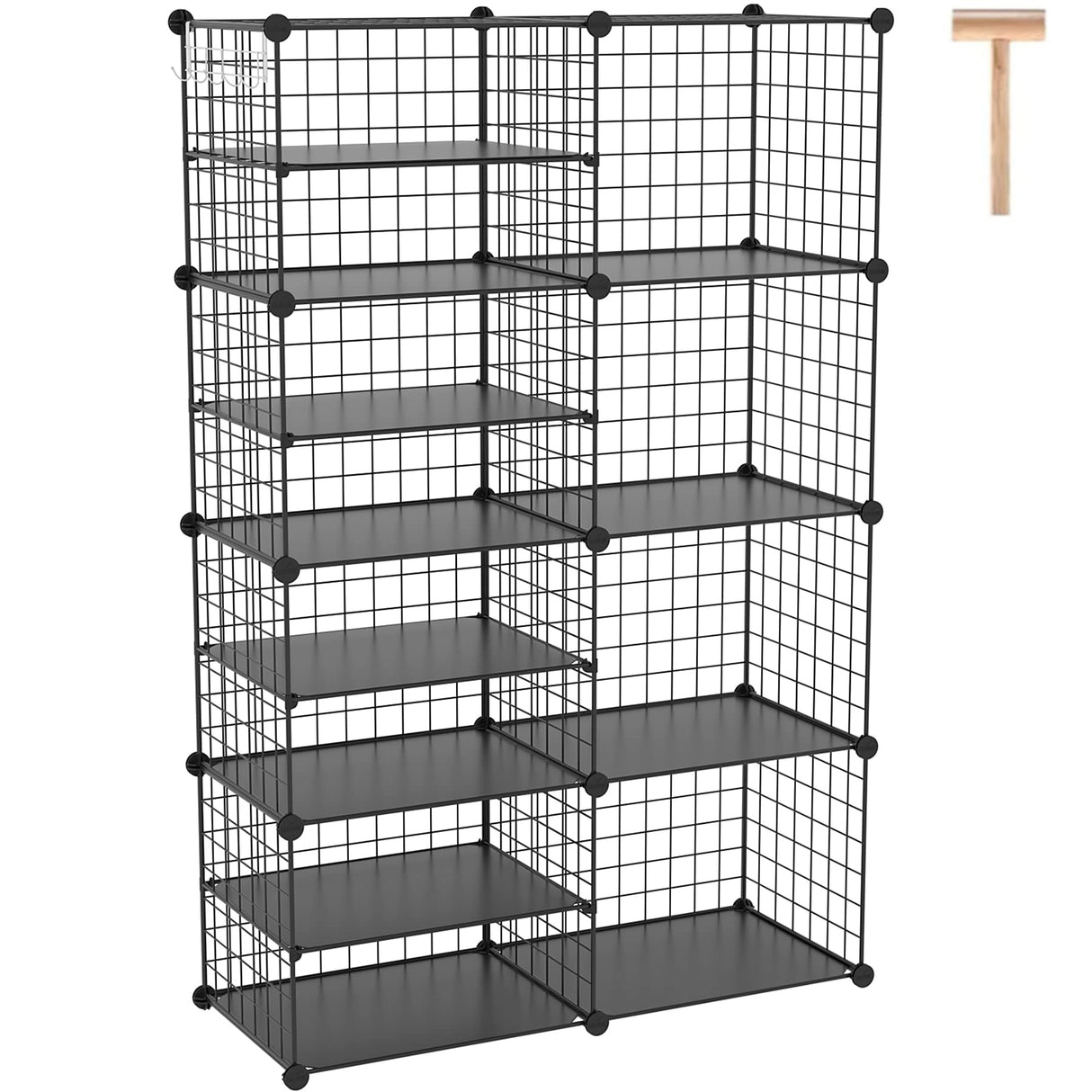 C&AHOME Wire Cube Storage Unit, Interlocking Metal Wire Organizer with Divider Design, Modular Cabinet with Plastic Panels, Bookshelf Stackable Closet Organizer with Small Hooks, Black UWCSIM08B C&AHOME