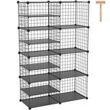 C&AHOME Wire Cube Storage Unit, Interlocking Metal Wire Organizer with Divider Design, Modular Cabinet with Plastic Panels, Bookshelf Stackable Closet Organizer with Small Hooks, Black UWCSIM08B C&AHOME