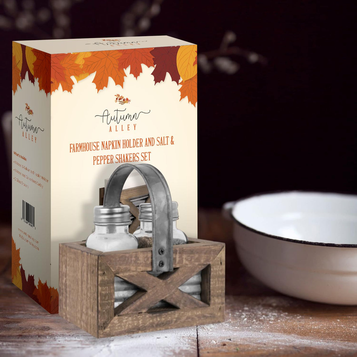 Autumn Alley Farmhouse Napkin Holder and Adorable Farmhouse Salt and Pepper Shakers Set With Wood Holder - Western Kitchen, Galvanized Metal - Upright Rustic Napkin Holder Rustic Kitchen Décor (Brown) Autumn Alley