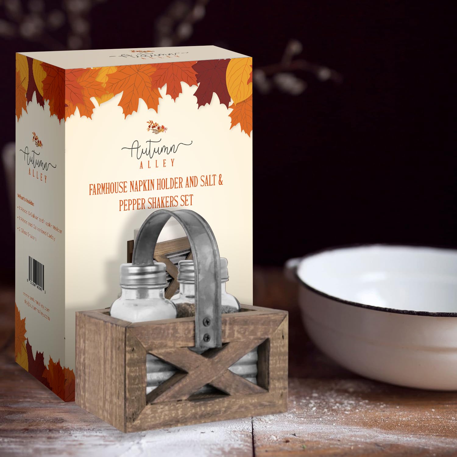 Autumn Alley Farmhouse Napkin Holder and Adorable Farmhouse Salt and Pepper Shakers Set With Wood Holder - Western Kitchen, Galvanized Metal - Upright Rustic Napkin Holder Rustic Kitchen Déco - WoodArtSupply