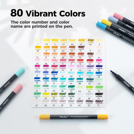 Ohuhu Markers Brush Tip 80-Colors with 72-Sheet Coloring Book - Double Tipped Markers for Adults Coloring Books - Art Marker Set Bundles with 100% Bleed-Proof Coloring Pages - Fine & Brush Dual Tips Ohuhu