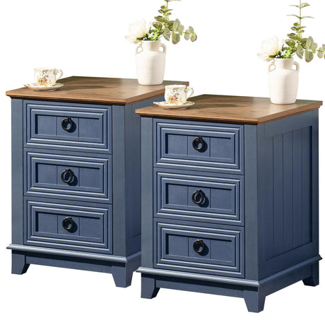 Joaxswe Night Stand Set of 2, Farmhouse 18" End Table with 3 Drawer Metal Handle, Dresser for Bedroom, Sofa Bed Side Table Chest of Drawers,Wood Nightstand Cabinet for Organizer, Living Room-Blue Joaxswe